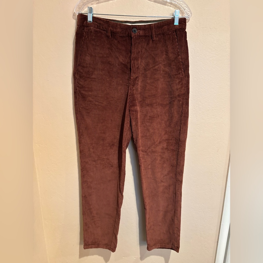 Zara Men's Rich Brown Corduroy Straight Pants, 30 Waist, 27 Inseam